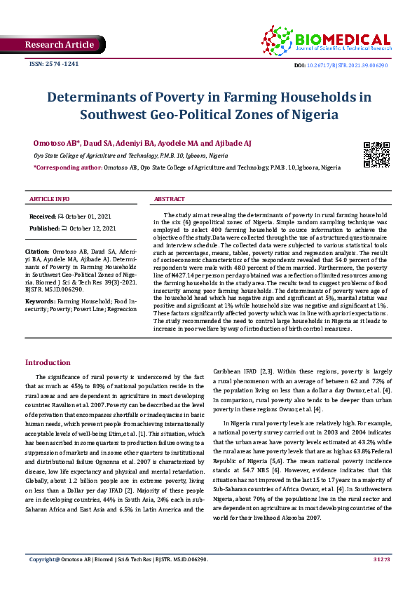 (PDF) Determinants of Poverty in Farming Households in Southwest Geo ...