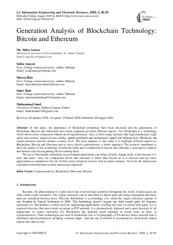 (PDF) Generation Analysis of Blockchain Technology: Bitcoin and Ethereum