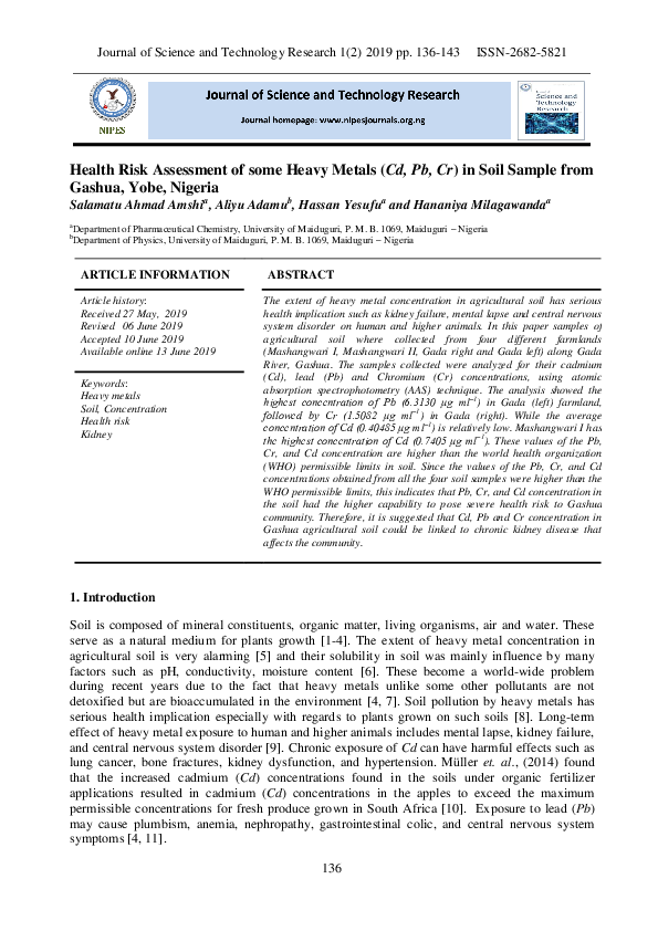 (PDF) Health Risk Assessment of some Heavy Metals (Cd, Pb, Cr) in Soil ...