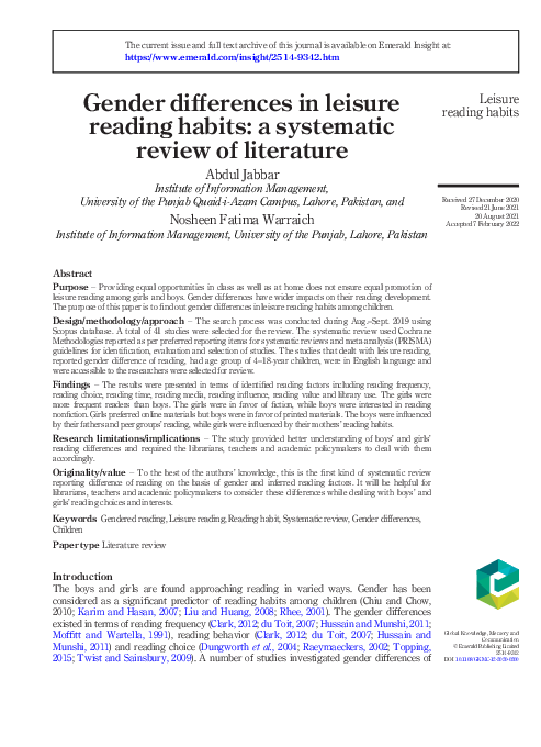 (PDF) Gender differences in leisure reading habits: a systematic review ...