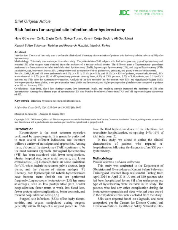 (PDF) Risk factors for surgical site infection after hysterectomy