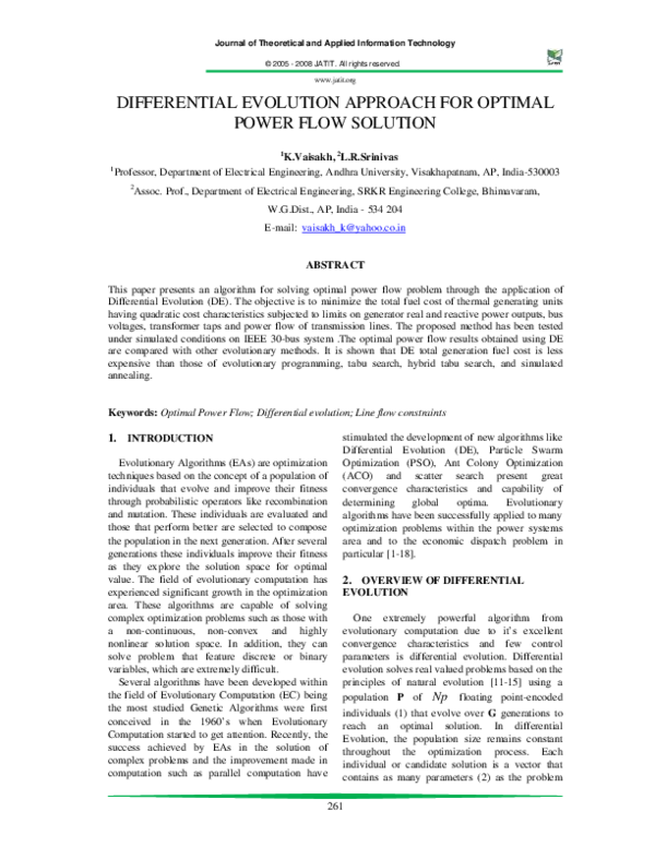 (PDF) Differential Evolution Approach for Optimal Power Flow Solution