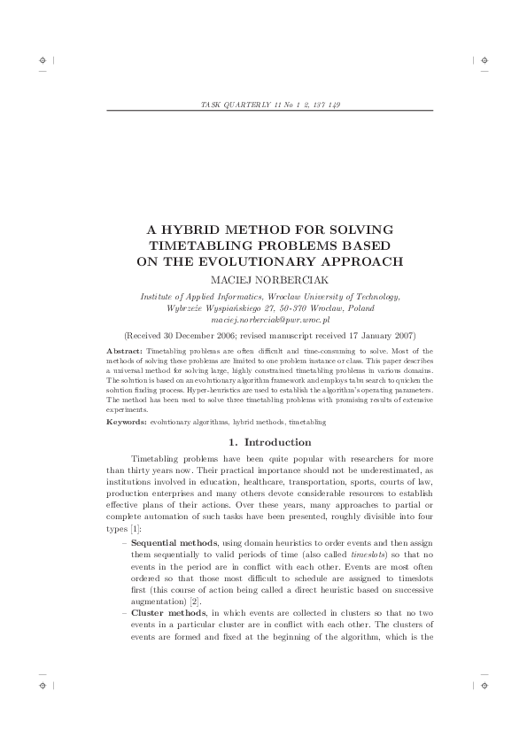 (PDF) A Hybrid Method for Solving Timetabling Problems Based on the ...