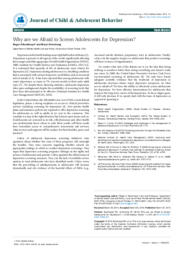 (PDF) Why are we Afraid to Screen Adolescents for Depression?