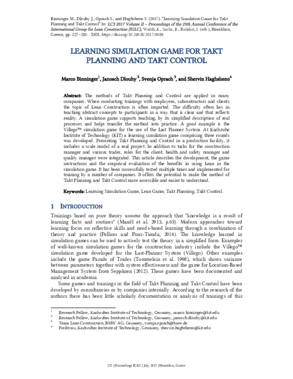 Pdf Learning Simulation Game For Takt Planning And Takt Control