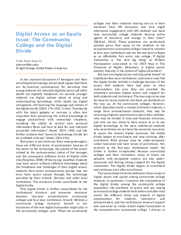 (PDF) Digital Access as an Equity Issue: The Community College and the ...
