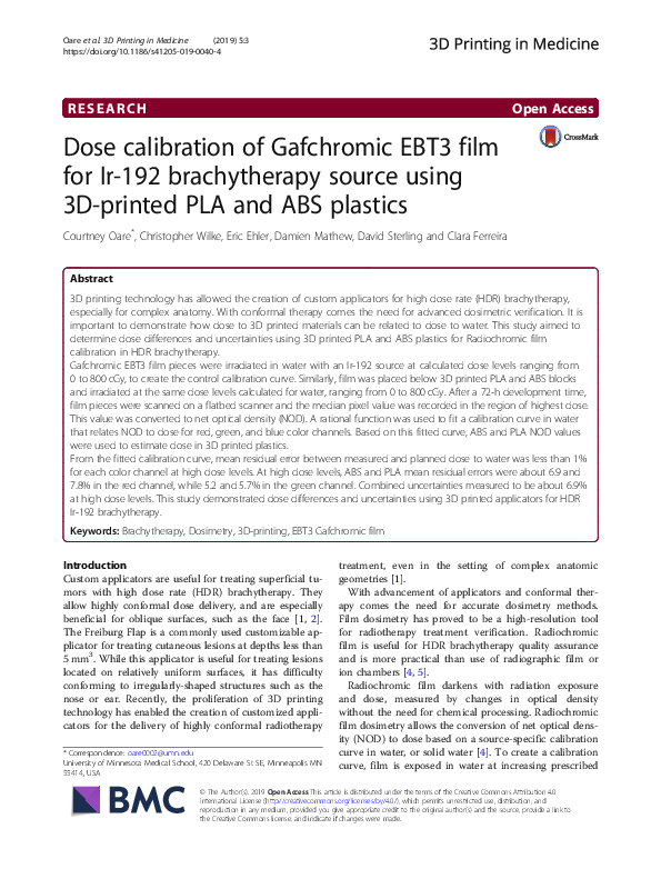 (PDF) Dose calibration of Gafchromic EBT3 film for Ir-192 brachytherapy ...