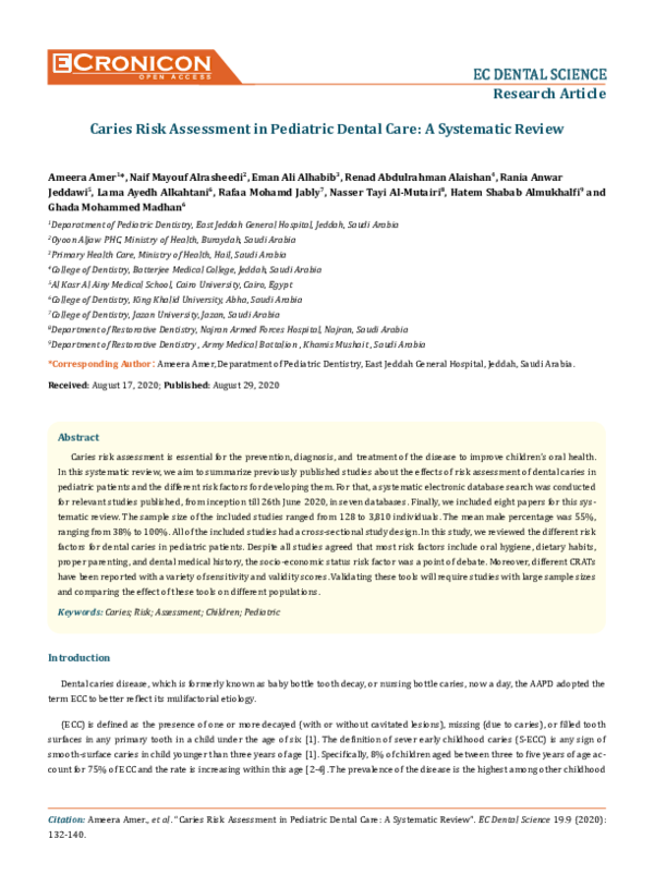 (PDF) Caries Risk Assessment in Pediatric Dental Care: A Systematic Review