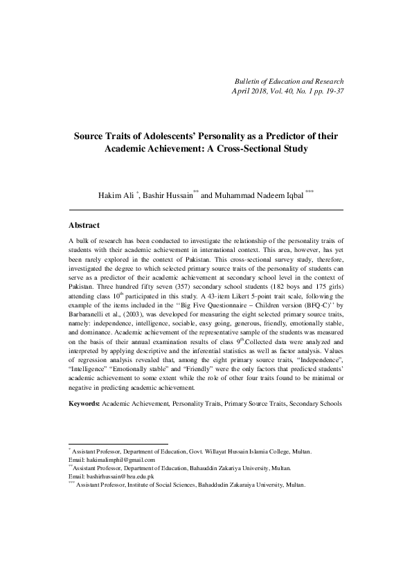 (PDF) Source Traits of Adolescents' Personality as a Predictor of Their ...