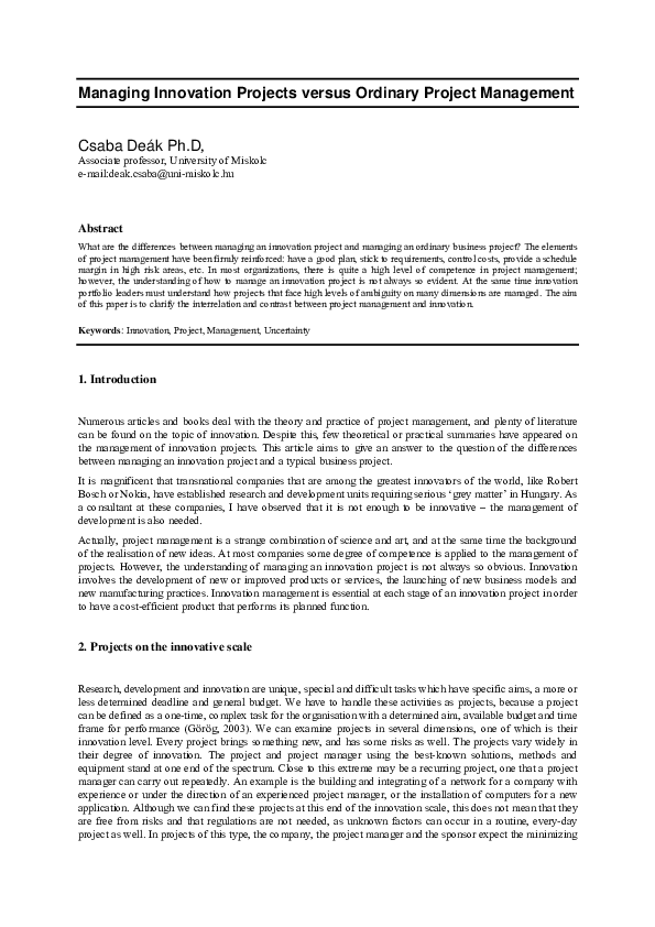 (PDF) Managing Innovation Projects versus Ordinary Project Management