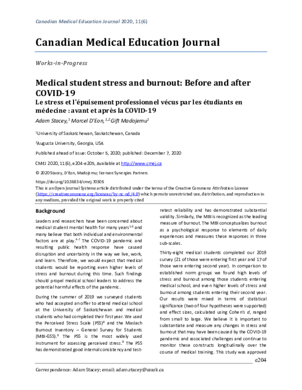 (PDF) Medical student stress and burnout: Before and after COVID-19