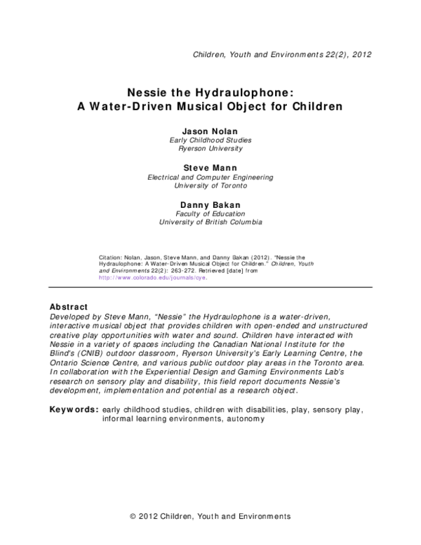 (PDF) Nessie the Hydraulophone: A Water-Driven Musical Object for Children