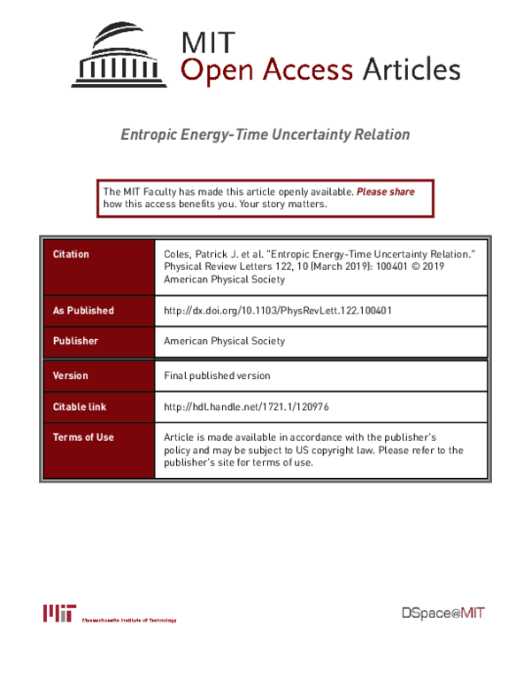 (PDF) Entropic Energy-Time Uncertainty Relation