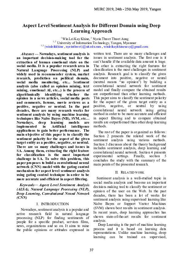 (PDF) Aspect Level Sentiment Analysis for Different Domain using Deep ...