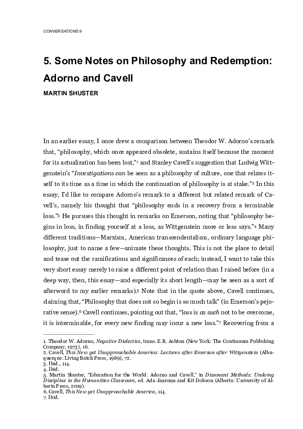 (PDF) Some Notes on Philosophy and Redemption Adorno and Cavell