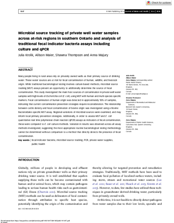 (PDF) Microbial source tracking of private well water samples across at ...