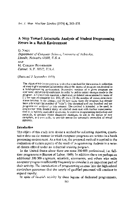 (PDF) A step toward automatic analysis of student programming errors in ...