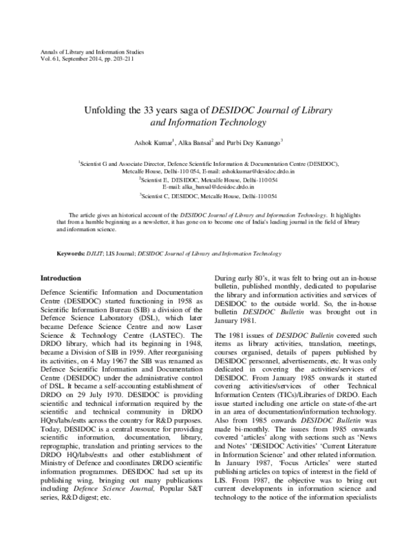 (PDF) Unfolding the 33 years saga of DESIDOC Journal of Libraryand ...