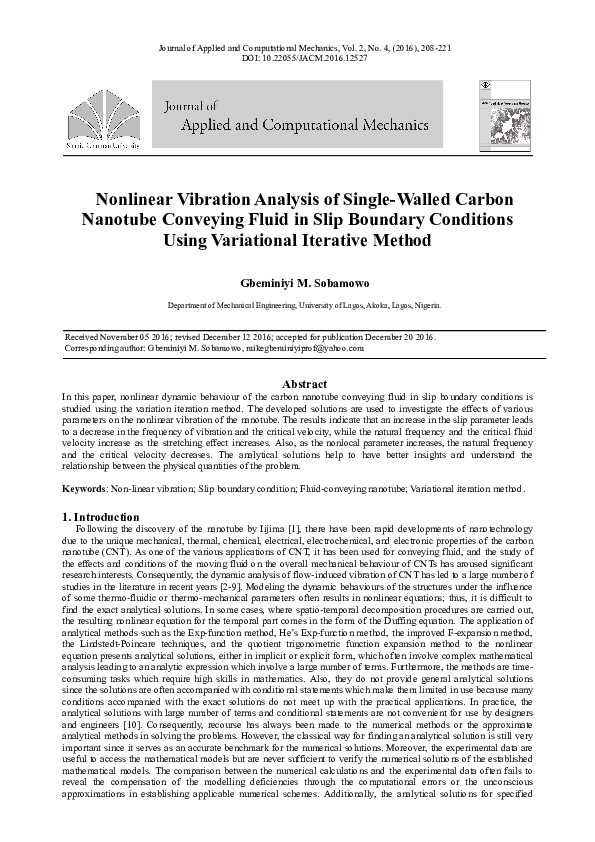 (PDF) Nonlinear Vibration Analysis of Single-Walled Carbon Nanotube ...