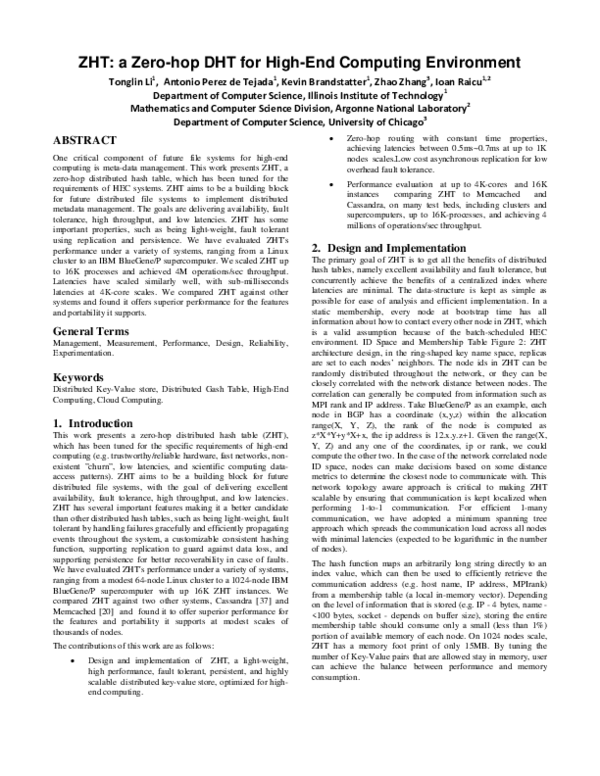 (PDF) ZHT: a Zero-hop DHT for High-End Computing Environment
