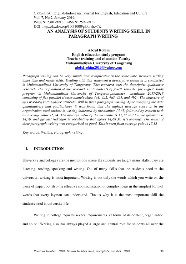 (PDF) An Analysis of Students Writing Skill in Paragraph Writing