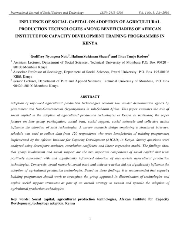 (PDF) Influence of social capital on adoption of agricultural ...