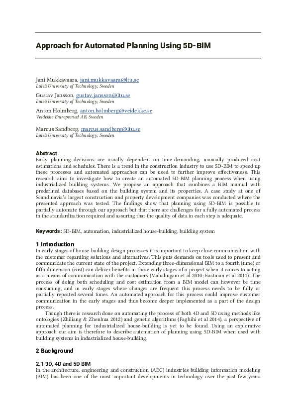 (PDF) Approach for Automated Planning Using 5D-BIM