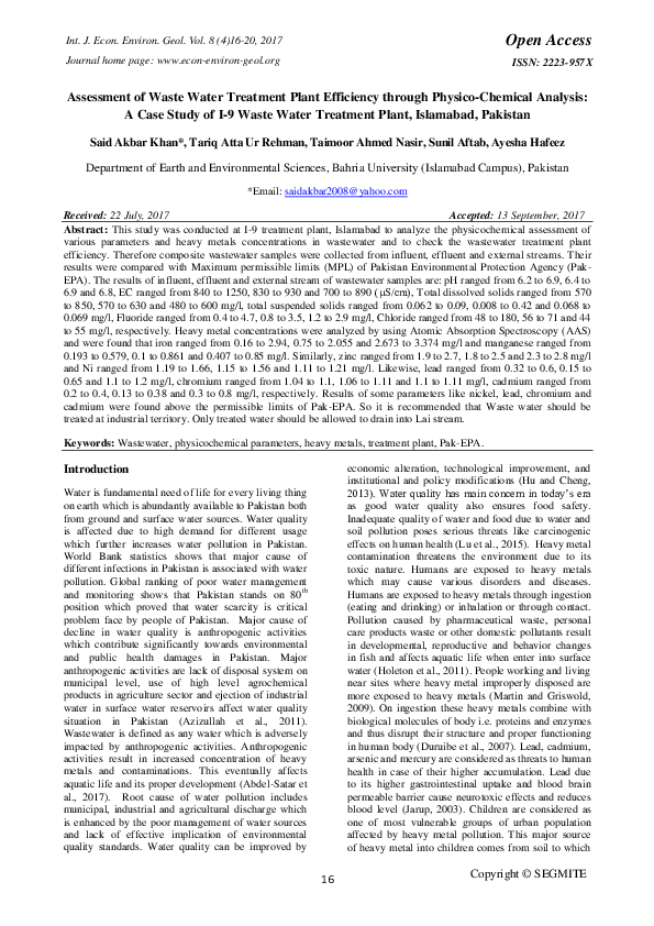 (PDF) Assessment of Waste Water Treatment Plant Efficiency through ...