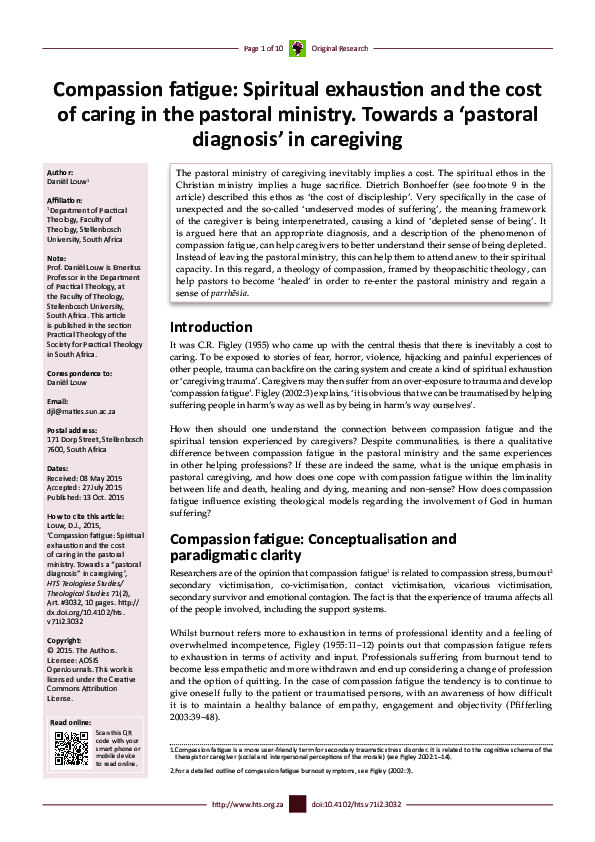 (PDF) Compassion fatigue: Spiritual exhaustion and the cost of caring ...