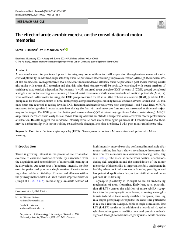 (PDF) The effect of acute aerobic exercise on the consolidation of ...