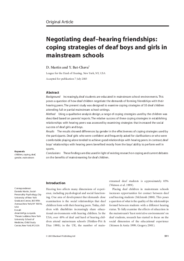(PDF) Negotiating deaf hearing friendships: Coping strategies of deaf ...