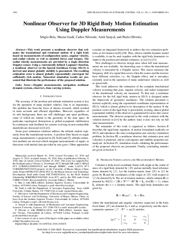 (PDF) Nonlinear Observer for 3D Rigid Body Motion Estimation using ...