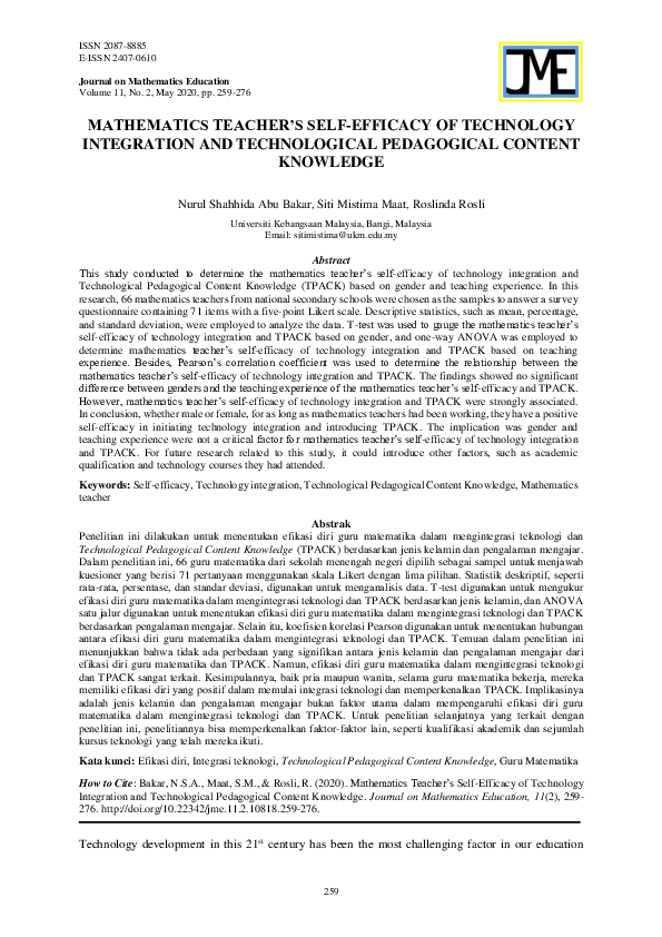 (PDF) Mathematics Teacher’s Self-Efficacy of Technology Integration and ...