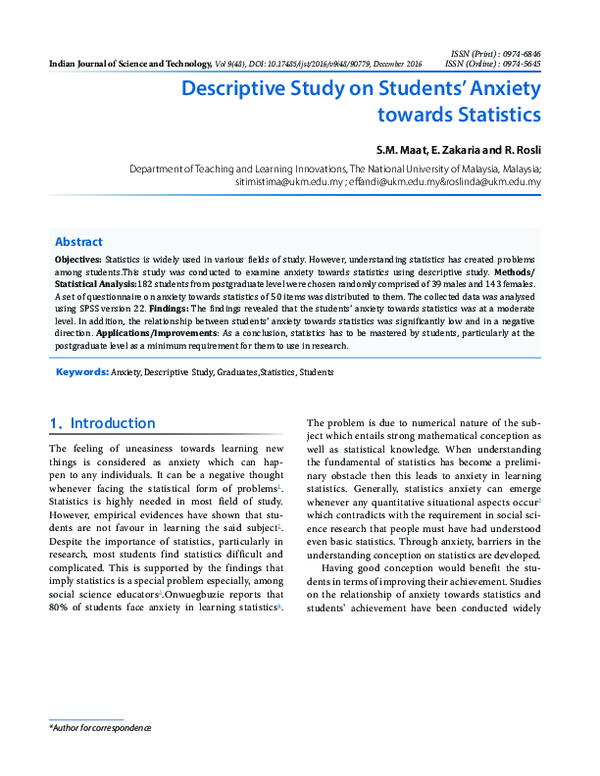 (PDF) Descriptive Study on Students’ Anxiety towards Statistics