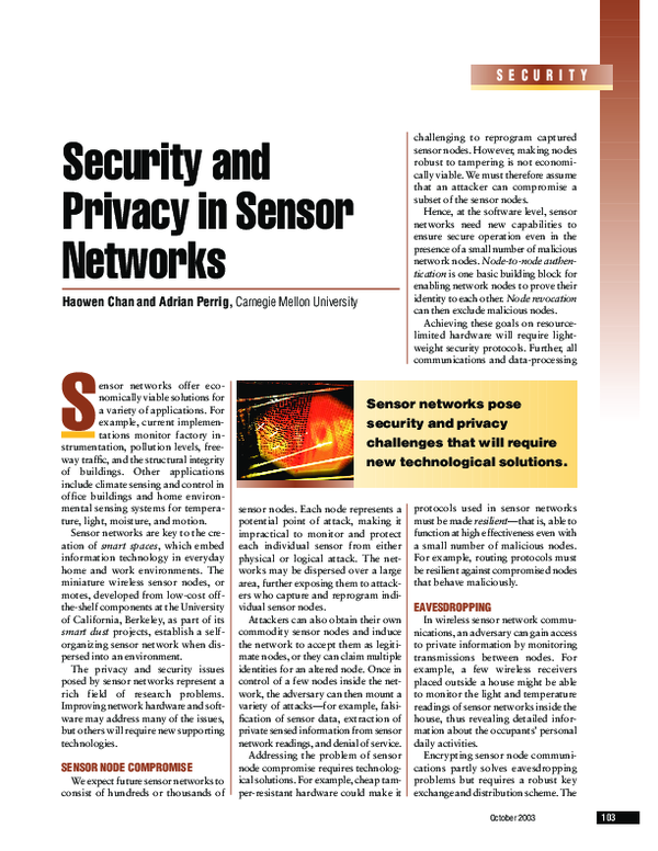 (PDF) Security and privacy in sensor networks