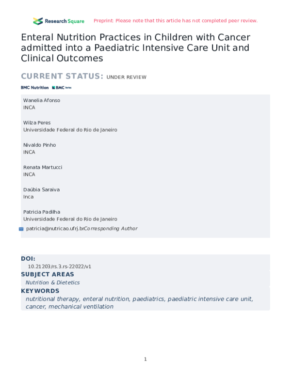 (PDF) Enteral Nutrition Practices in Children with Cancer admitted into ...