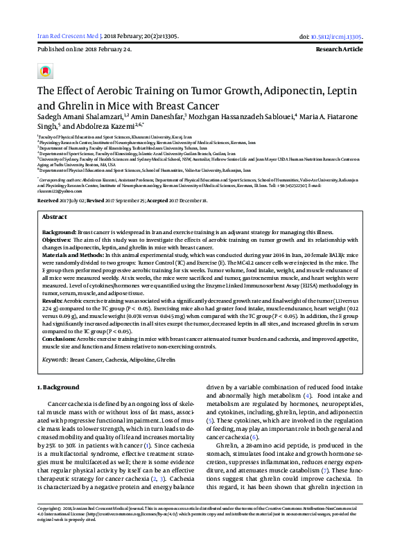 (PDF) The Effect of Aerobic Training on Tumor Growth, Adiponectin ...