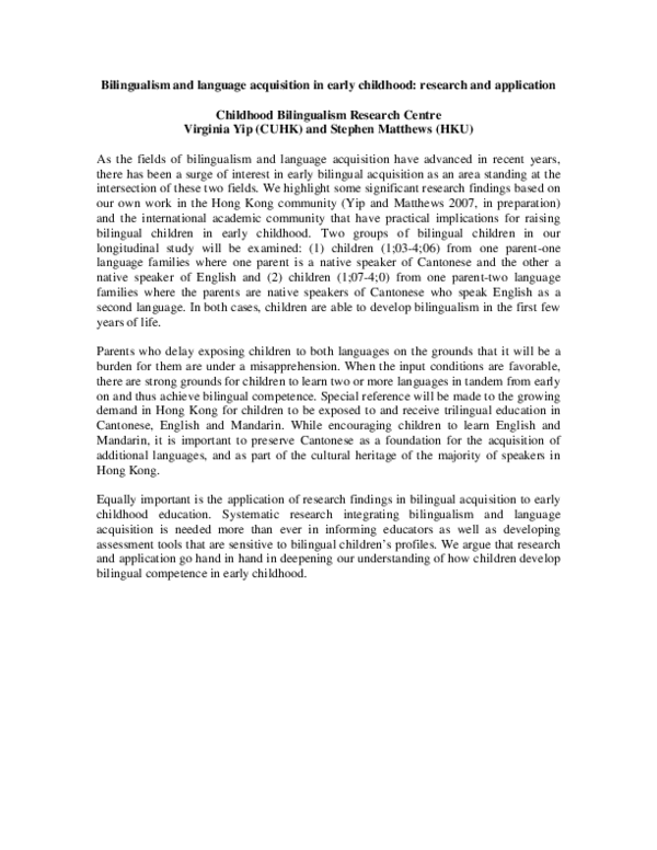 (PDF) Bilingualism and language acquisition in early childhood ...