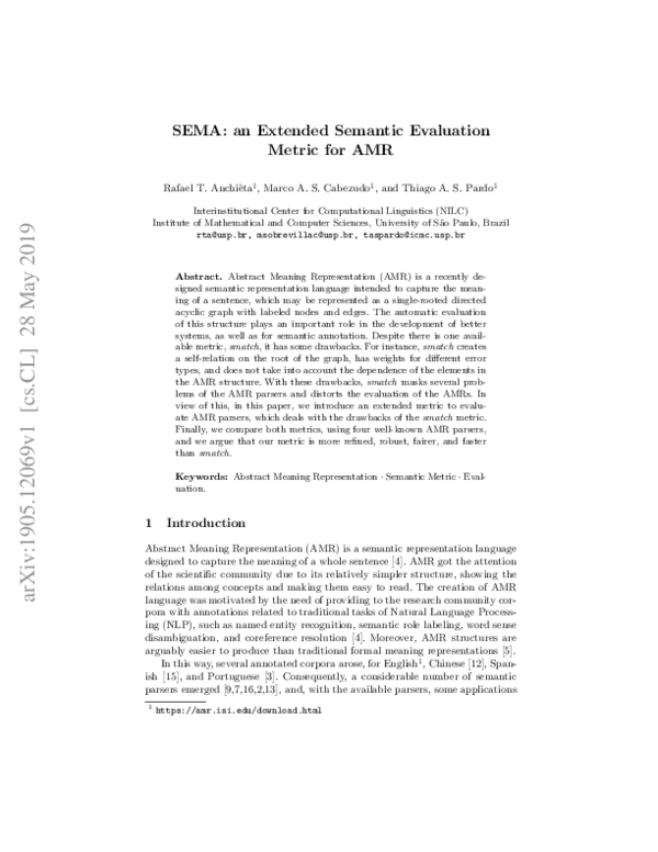 (PDF) SEMA: an Extended Semantic Evaluation Metric for AMR