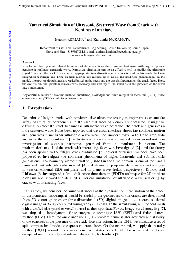 (PDF) Numerical Simulation of Ultrasonic Scattered Wave from Crack with ...