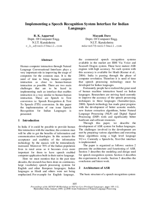 (PDF) Implementing a Speech Recognition System Interface for Indian ...
