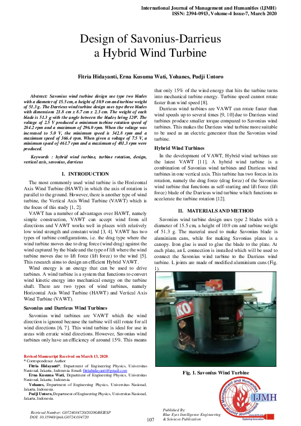 (PDF) Design of Savonius-Darrieus A Hybrid Wind Turbine