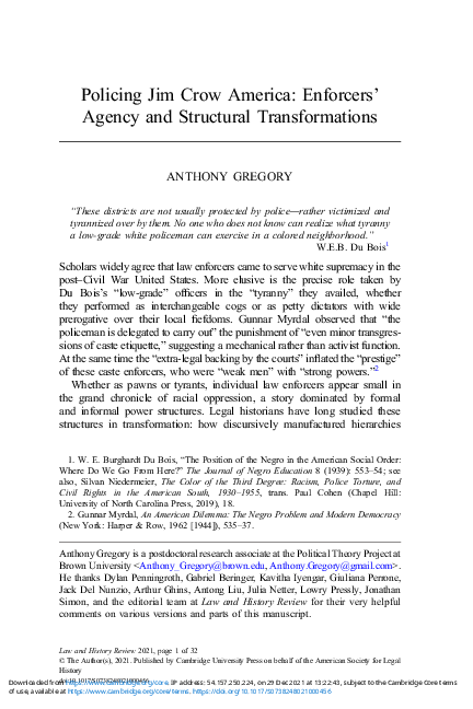 First page of “Policing Jim Crow America: Enforcers’ Agency and Structural Transformations”