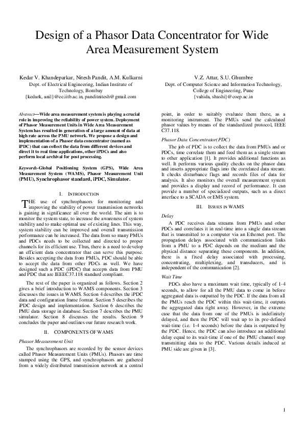 (PDF) Design of a Phasor Data Concentrator for Wide Area Measurement System
