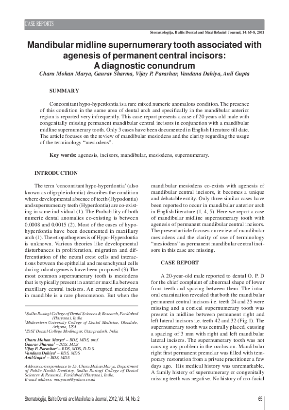 (PDF) Mandibular midline supernumerary tooth associated with agenesis ...