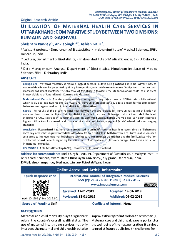 (PDF) Utilization of Maternal Health Care Services in Uttarakhand ...