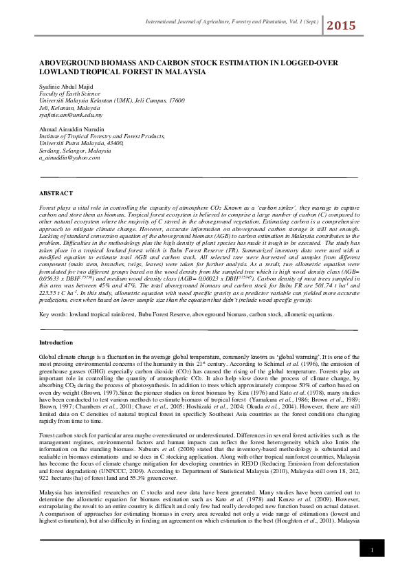 (PDF) Aboveground biomass and carbon stock estimation in logged-over ...