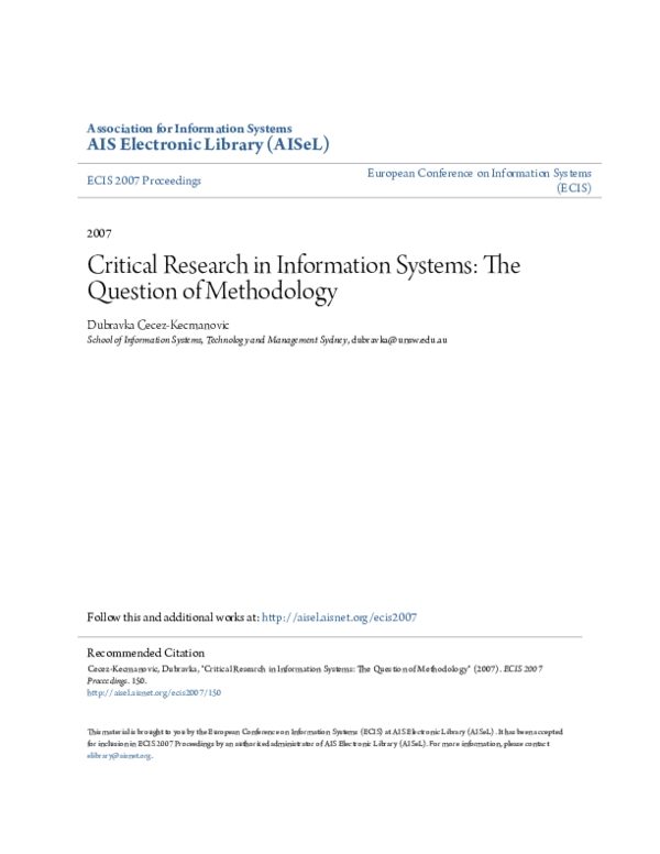 (PDF) Critical Research in Information Systems: The Question of Methodology