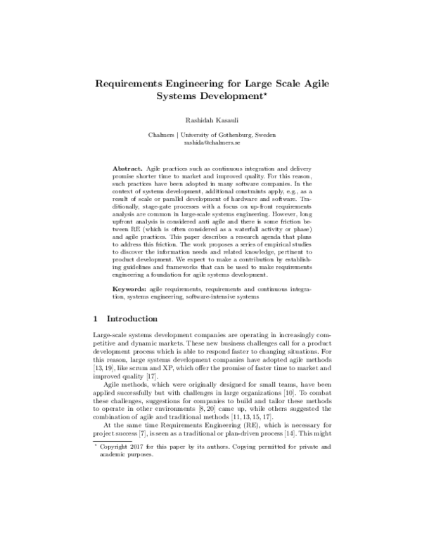 (PDF) Requirements Engineering for Large Scale Agile Systems Development
