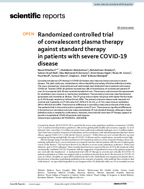 (PDF) Randomized controlled trial of convalescent plasma therapy ...